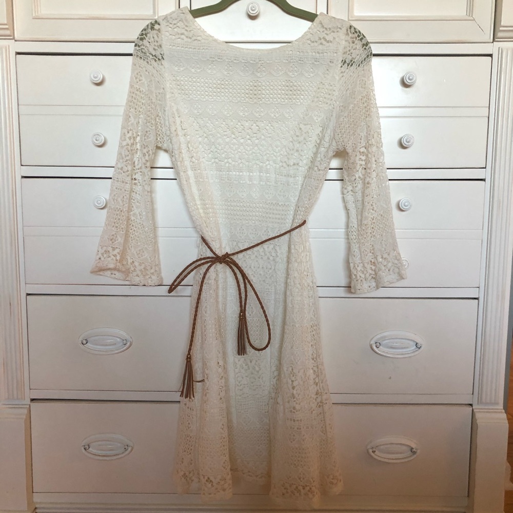 Knit white dress with braided belt, bell sleeves